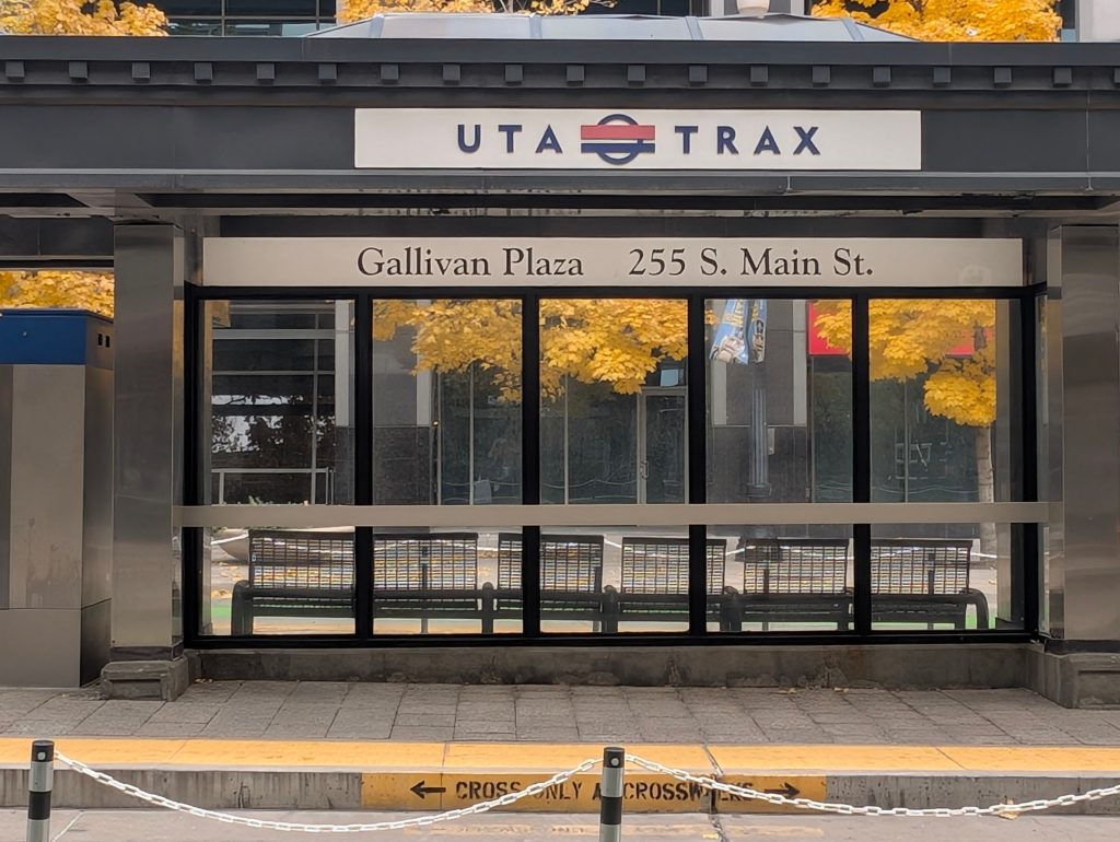 The Gallivan Plaza Green Line/West Valley Station is directly across from 222 S Main Street, Salt Lake City, Utah, 84101.